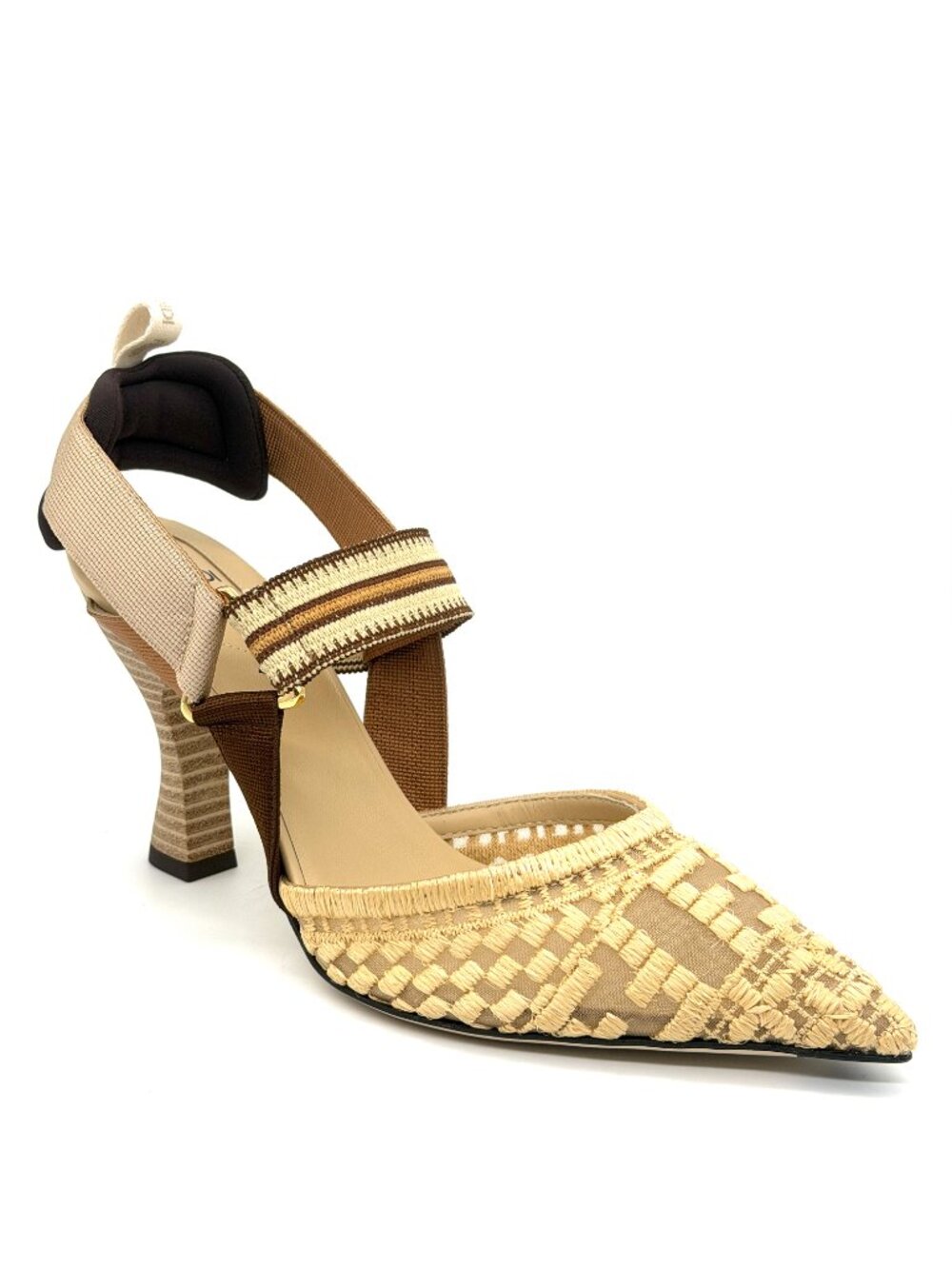 FENDI Colibri 85 Mesh Raffia Sporty FF Logo Slingback Heels Pumps Sandals - Picture 11 of 16